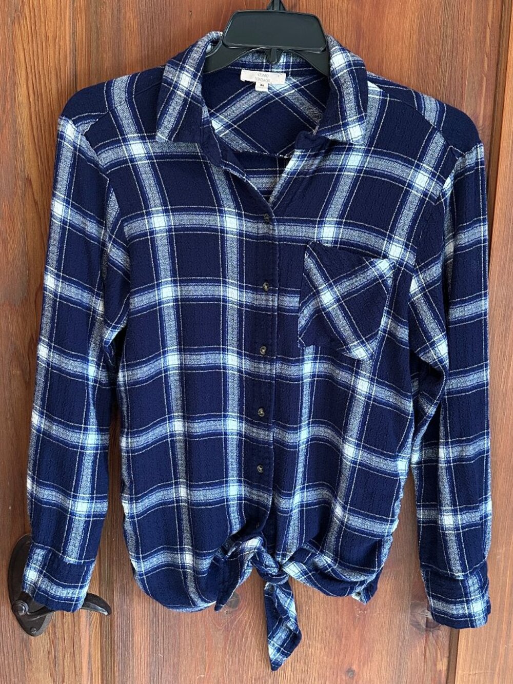 COMO VINTAGE Blue/White Plaid Tie Front Button Up Shirt Size Medium